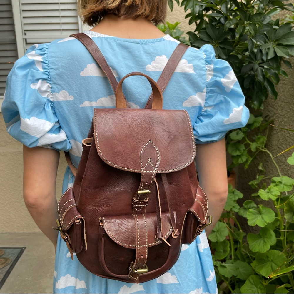 New reddish brown tool made all leather backpack